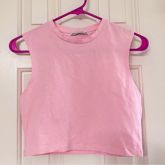 ZARA • Baby Pink Cropped Fitted Sleeveless Scoop Neck Tank Top - Picture 2 of 6
